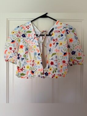 Zara White Floral Embroidered Tie-Front Crop Top